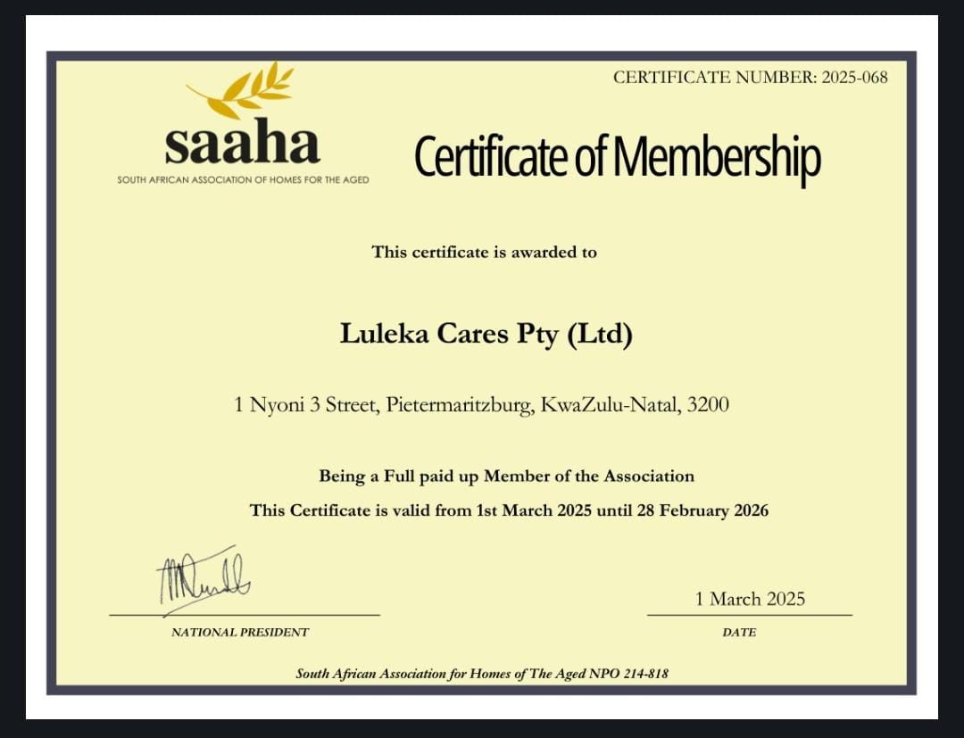 SAAHA Certificate of Membership — Luleka Cares Pty (Ltd)